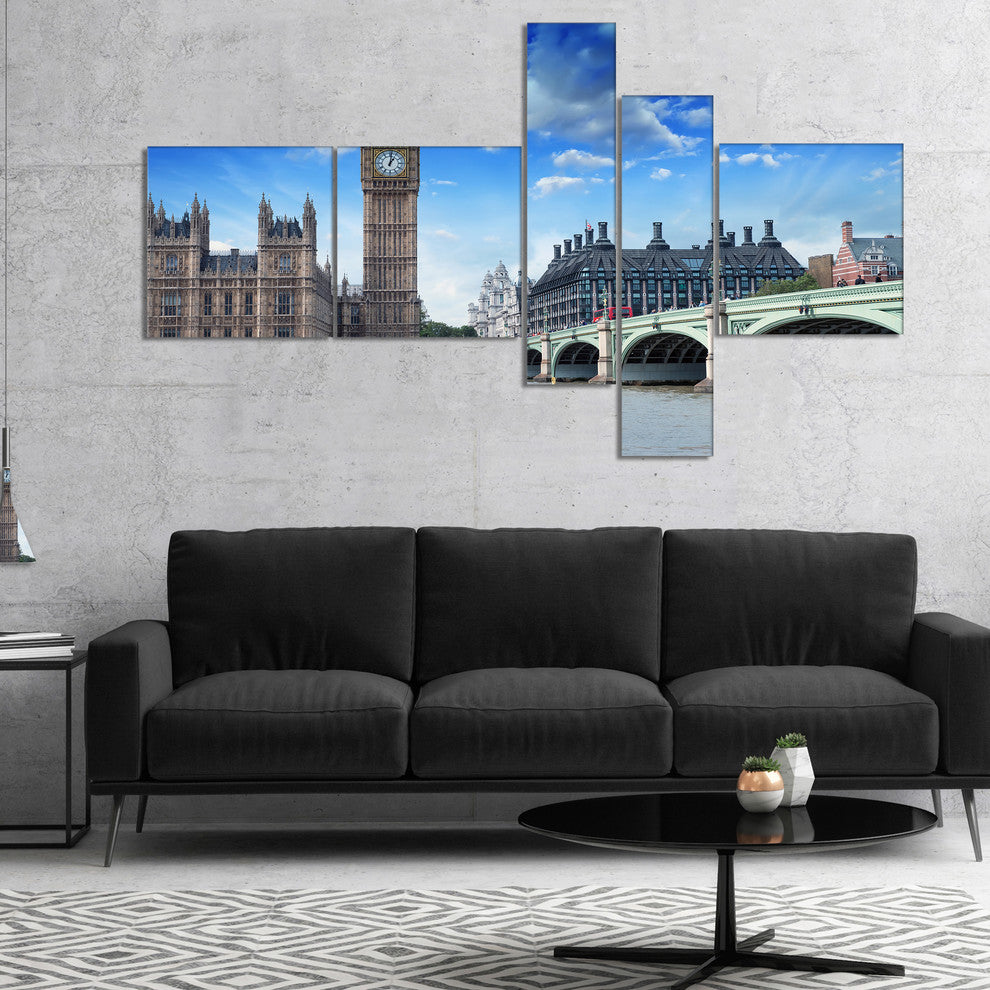 Houses of Parliament and Westminster Bridge, Canvas Art Print, 60"x32", 5 panels