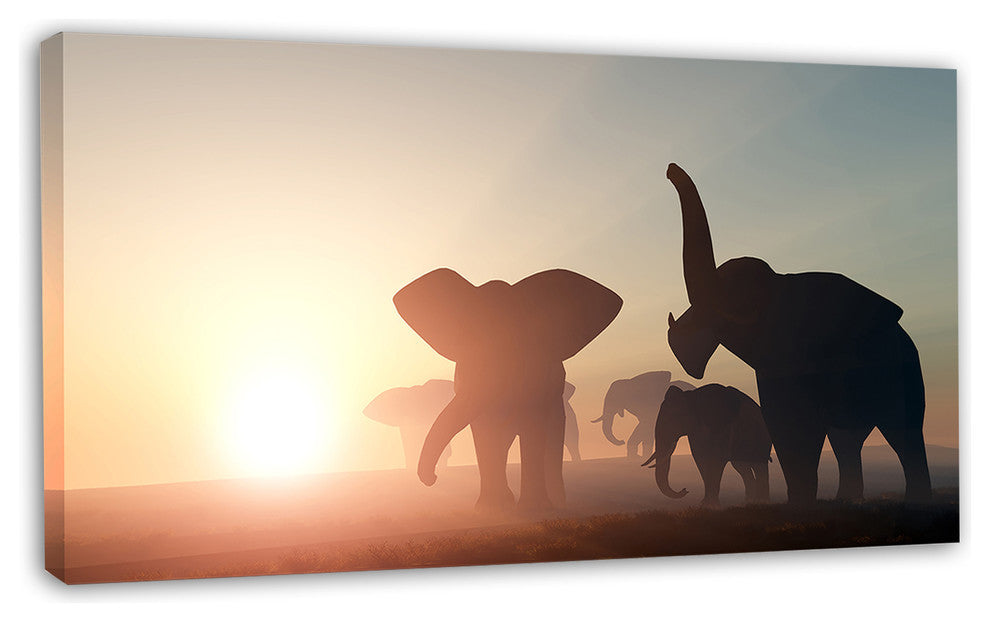 Group of Elephants in the Wild, African Canvas Art Print, 32"x16"