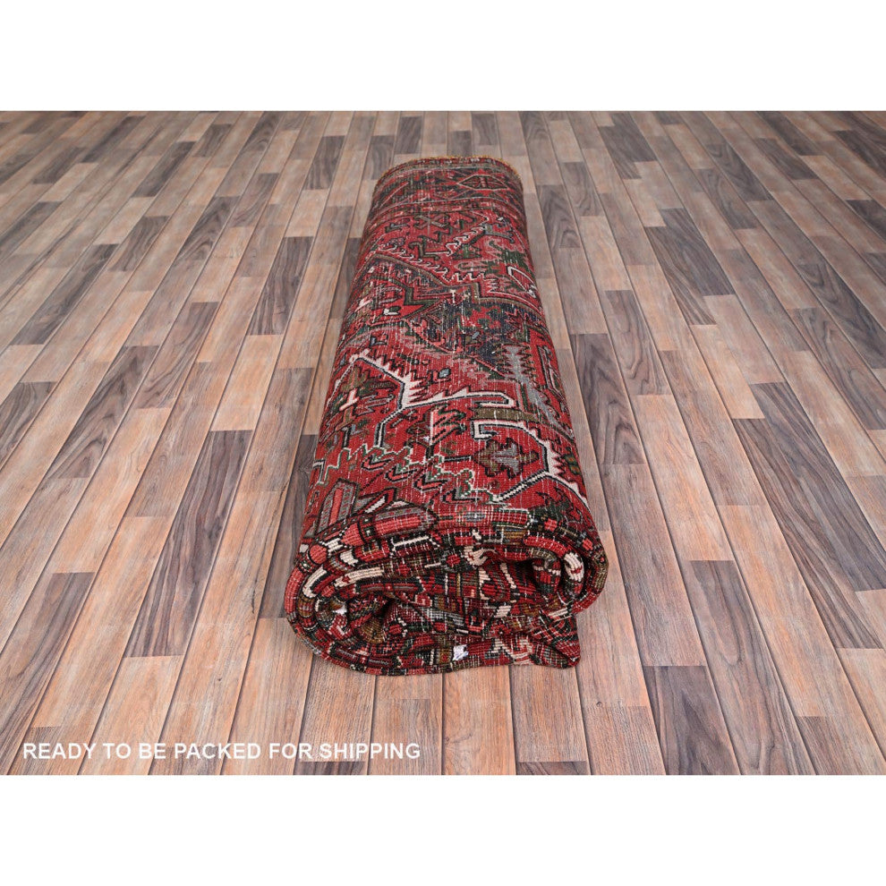 Barn Red Pure Wool Hand Knotted Vintage Persian Heriz Oriental Rug 9'9"x12'5"