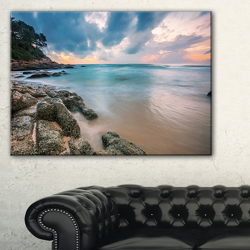 "Gloomy Tropical Sunset Beach" Extra Large Seascape Art Canvas, 40"x30"