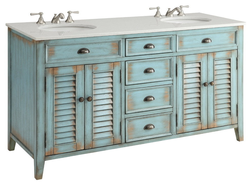 60" White Marble Blue Abbeville Cottage Double Sink Vanity Cf88324-60Bu