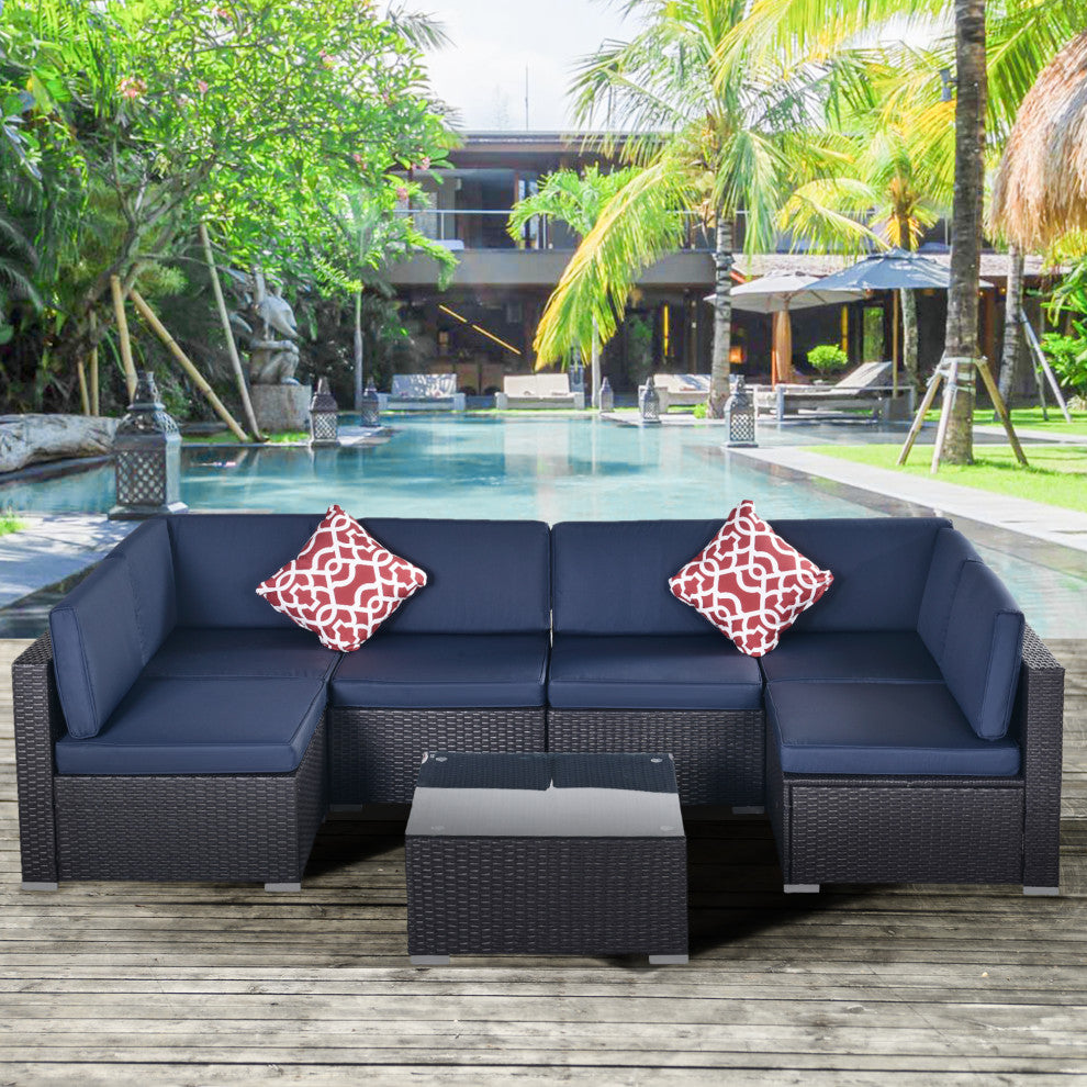 7 Pieces Outdoor Wicker U-Shaped Patio Sectional With Cushions, Dark Blue
