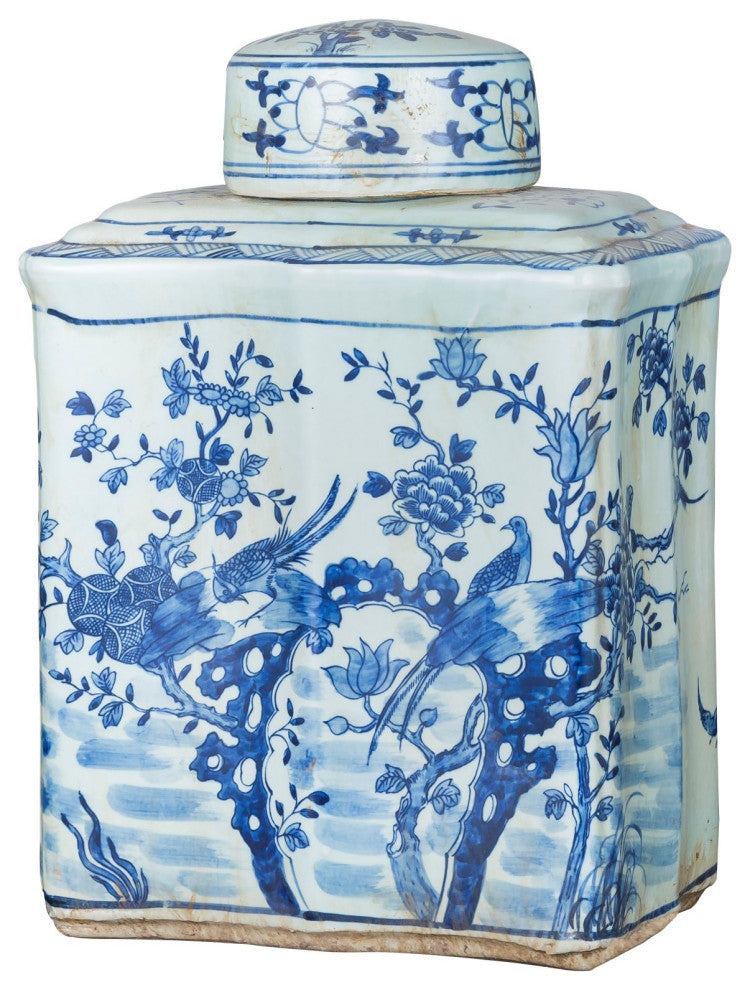 Blue & White Curved Tea Jar Bird Floral Design