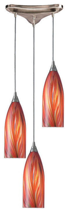 Cilindro 3-Light Satin Nickel Pendant, Multicolored Glass