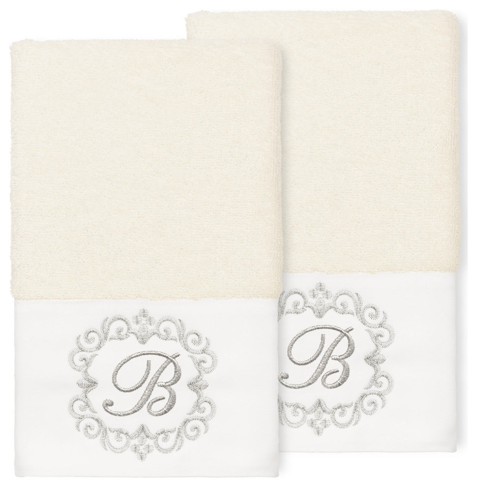 Linum Home Turkish Cotton Monica 2-Piece Embellished Hand Towel Set, Cream