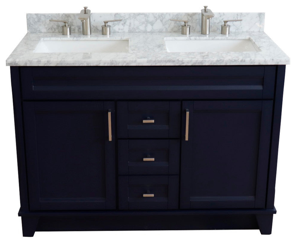 48" Double Sink Vanity, Blue Finish With White Carrara Marble