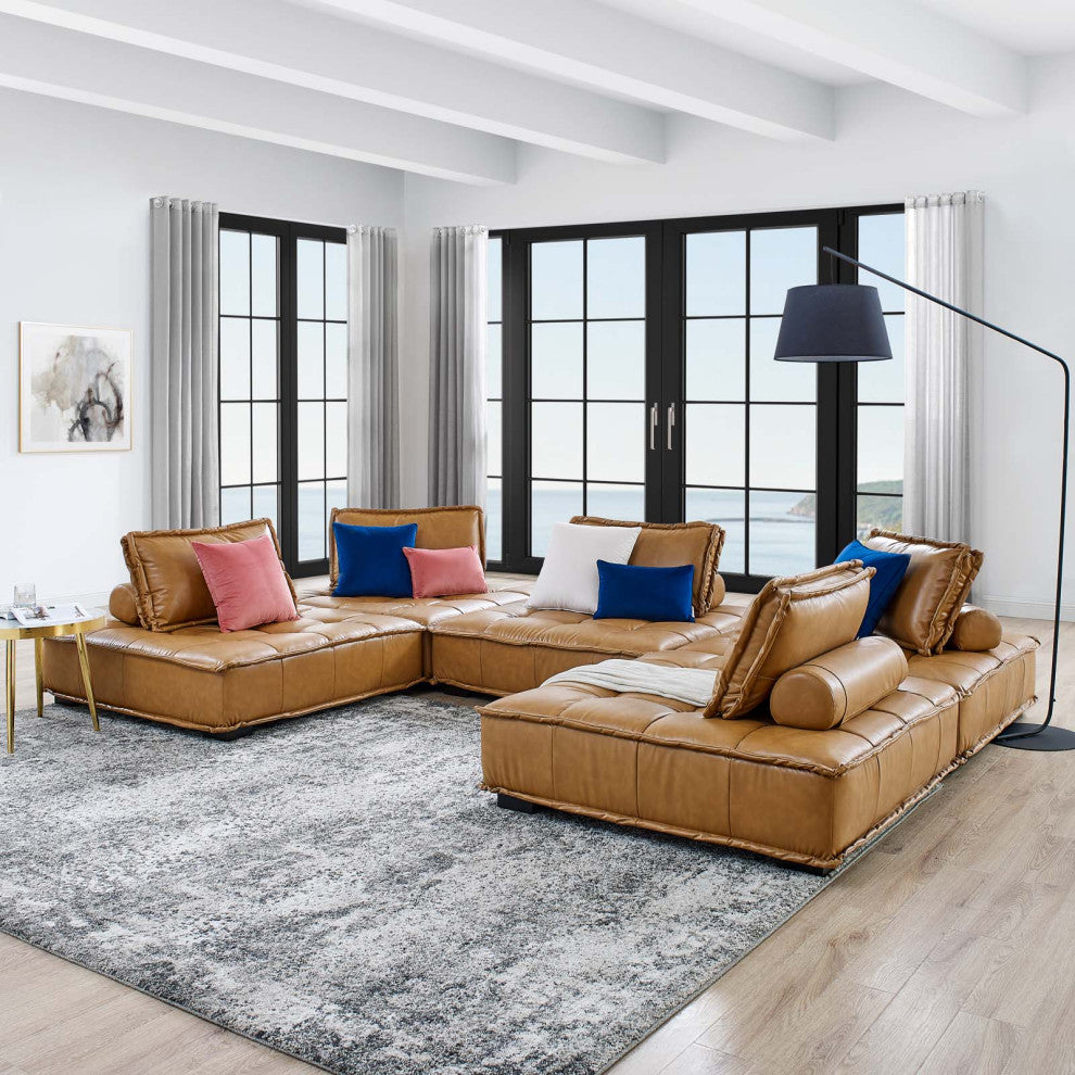 Saunter Tufted Vegan Leather Vegan Leather 5-Piece Sectional Sofa Tan