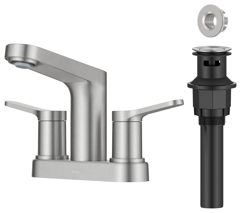 KRAUS Indy 2-Handle 3-Hole Centerset Bathroom Faucet Spot Free BN, PU Drain