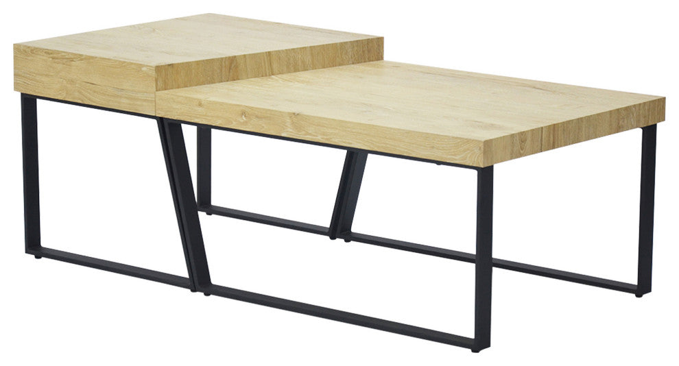Benzara UPT-266260 Wooden Coffee Table With Metal Frame, Oak Brown and Black
