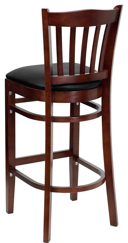 Vertical Slat Back Mahogany Wood Restaurant Barstool, Black Vinyl Seat