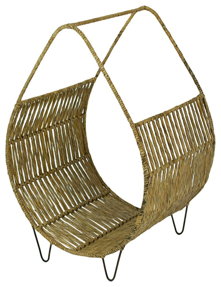 Woven Rush and Metal Firewood Rack with Tall Handle
