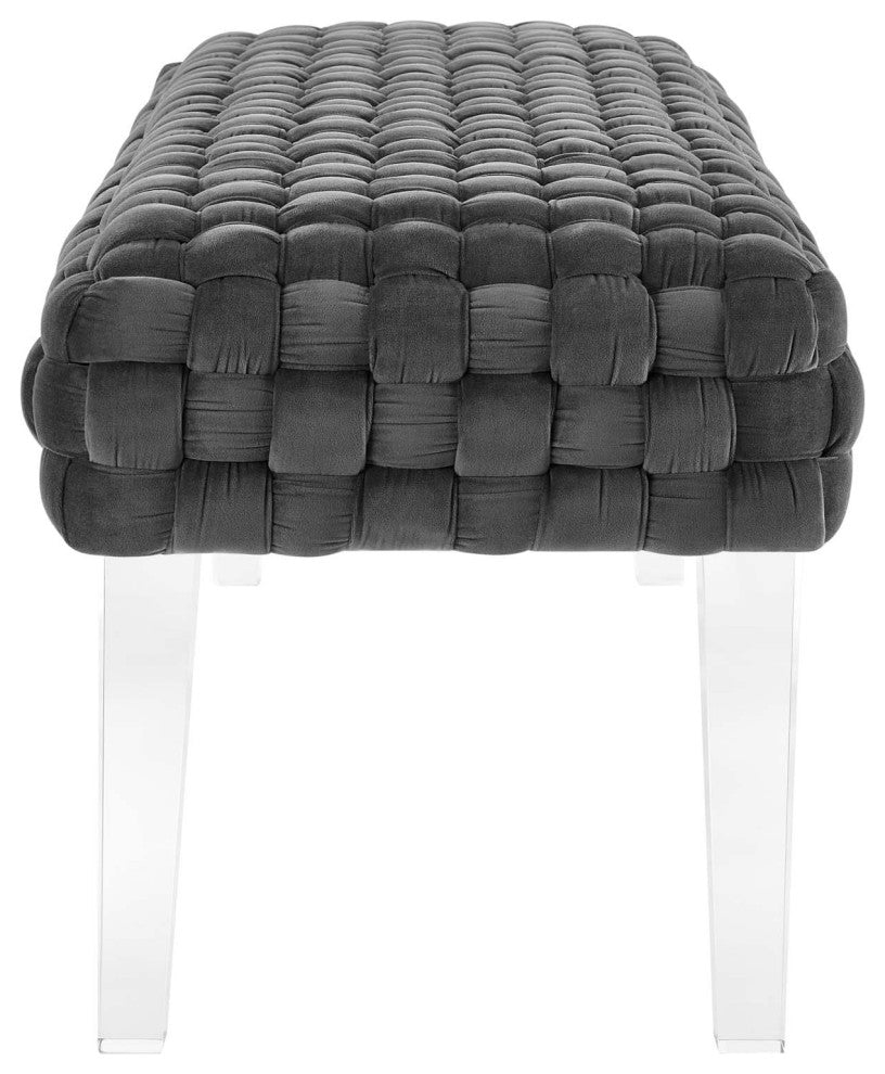 Ottoman Bench Gray, Velvet, Modern, Mid Century Hotel Lounge Cafe