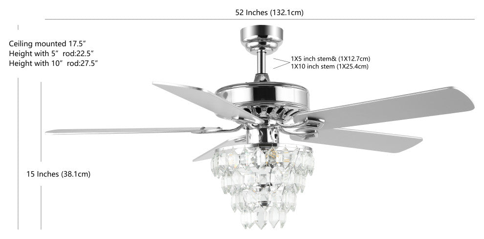 Mindy 52" 3-Light Glam Modern Crystal Shade LED Ceiling Fan With Remote, Chrome