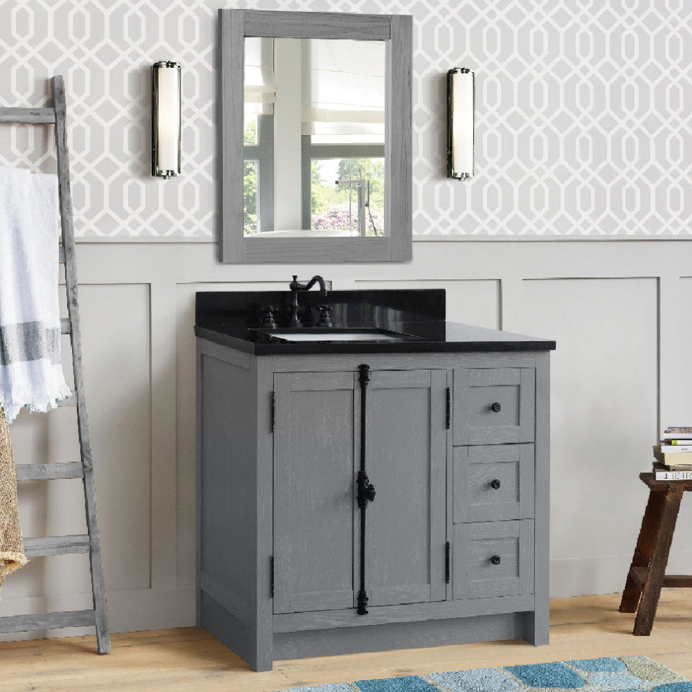 37" Vanity, Gray Ash With Black Galaxy Top, Left Doors/Left Rectangle Sink
