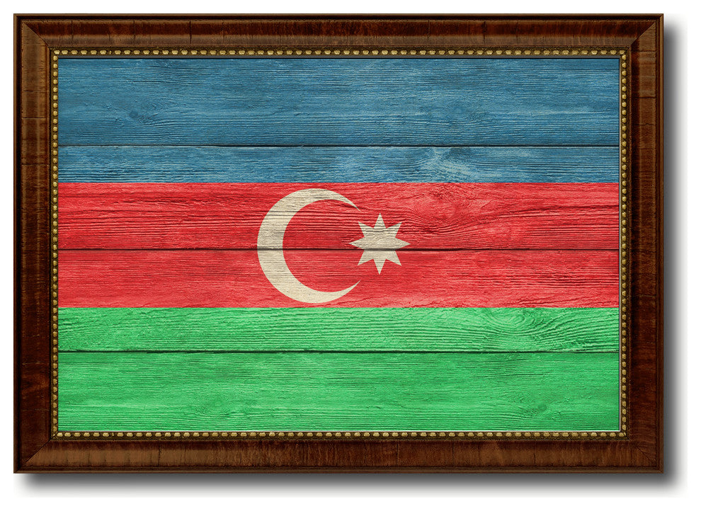 Azerbaijan Country Textured Flag Print With Brown Gold Frame, 19"X27"