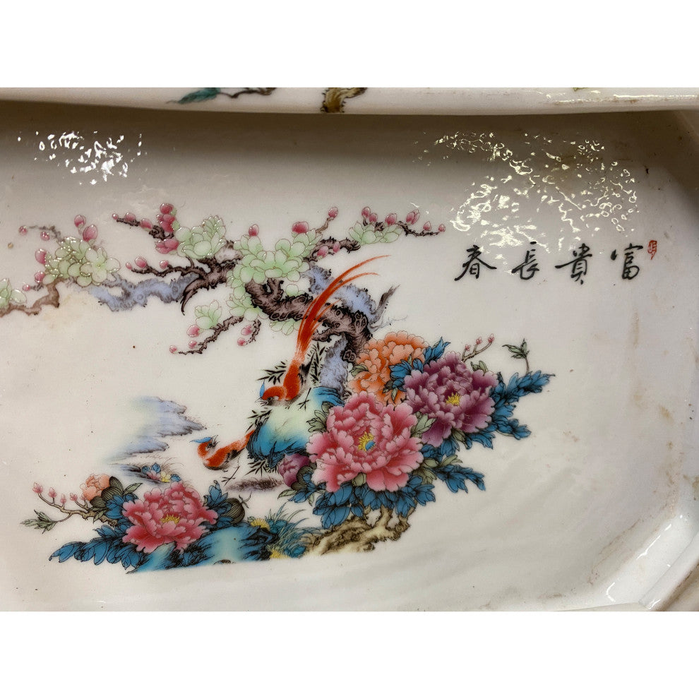 Chinese Off White Porcelain Flower Birds Rectangular Display Plate Hws1819