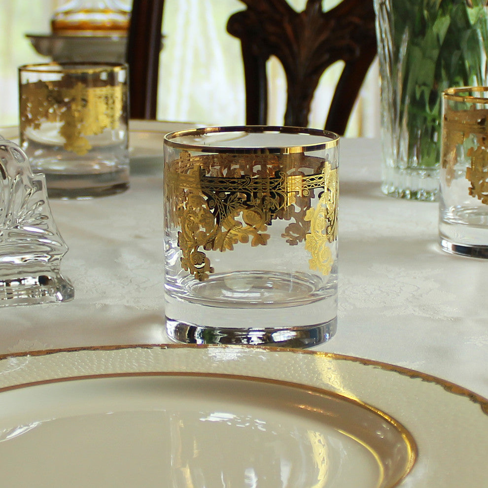 Set of 4 Embellished 24K Gold Crystal Double Old Fashion-Made In Italy