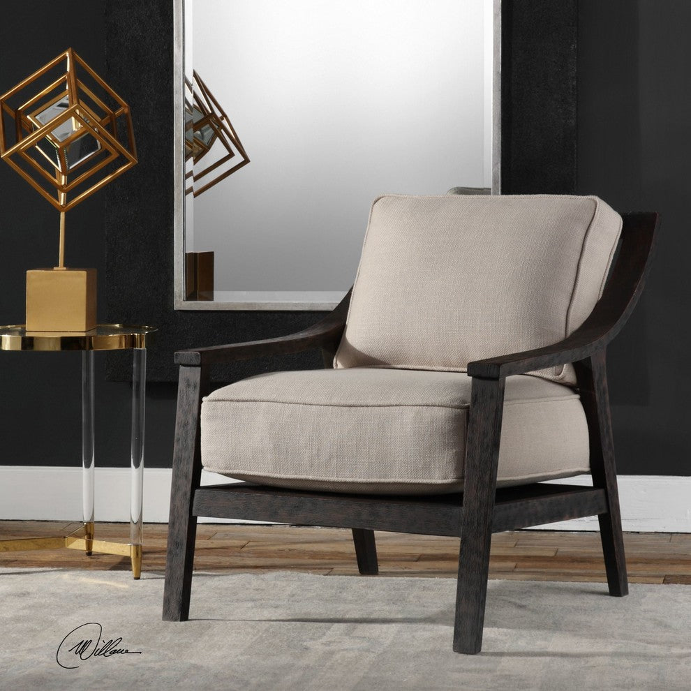 Exposed Dark Wood Frame Box Cushion Accent Chair, Arm Midcentury Modern
