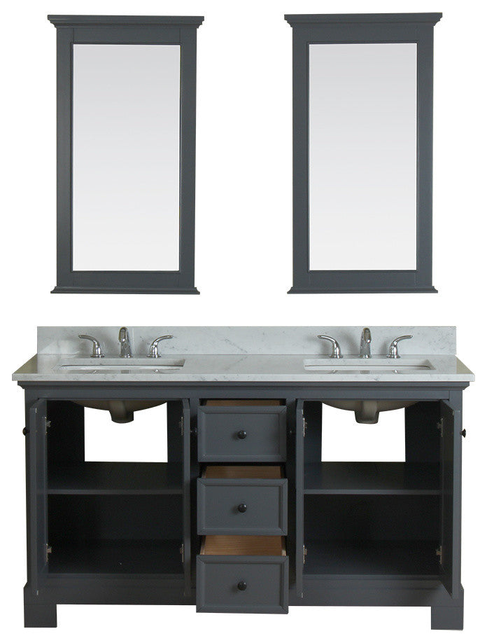 Richmond 60" Double Vanity in Gray, Carrera Marble Top and Mirror