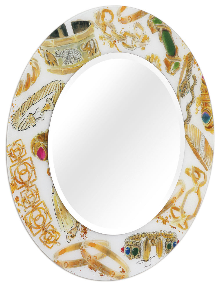 "Gold Charm" Round Beveled Wall Mirror on Floating Printed Tempered Art Glass