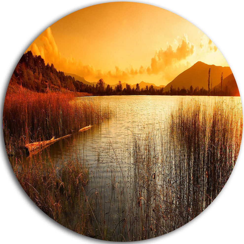 Calm Evening With Lake And Mountains, Landscape Disc Metal Artwork, 11"