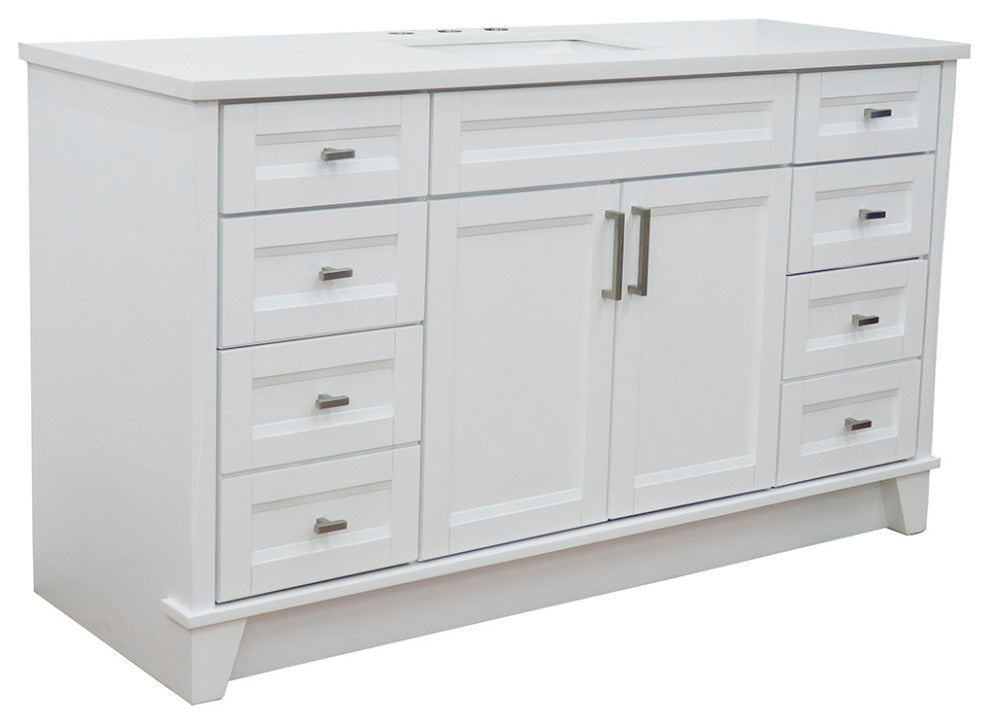 61" Single Sink Vanity, White Finish And Engineered Stone Top And Rectangle Sink