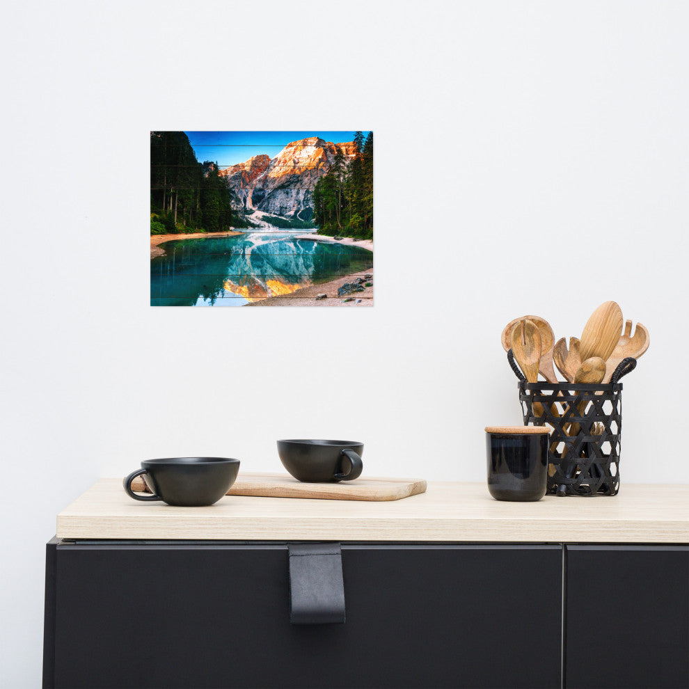 Faux Wood Misty Lake and Snow-cap Mountain Reflections Unframed Wall Art Prints, 11" X 14"