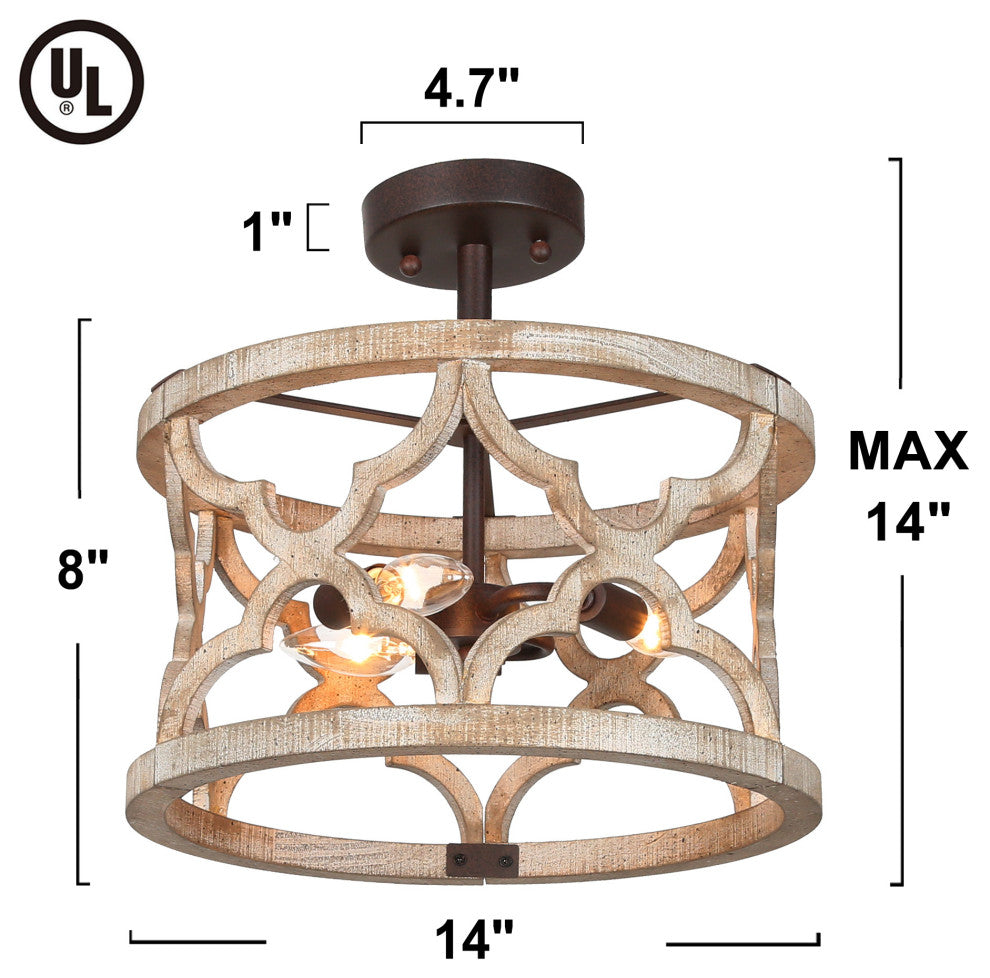 LNC 3-Light Distressed Wood/Bronze Farmhouse Drum Semi-Flush Mount Ceiling Light