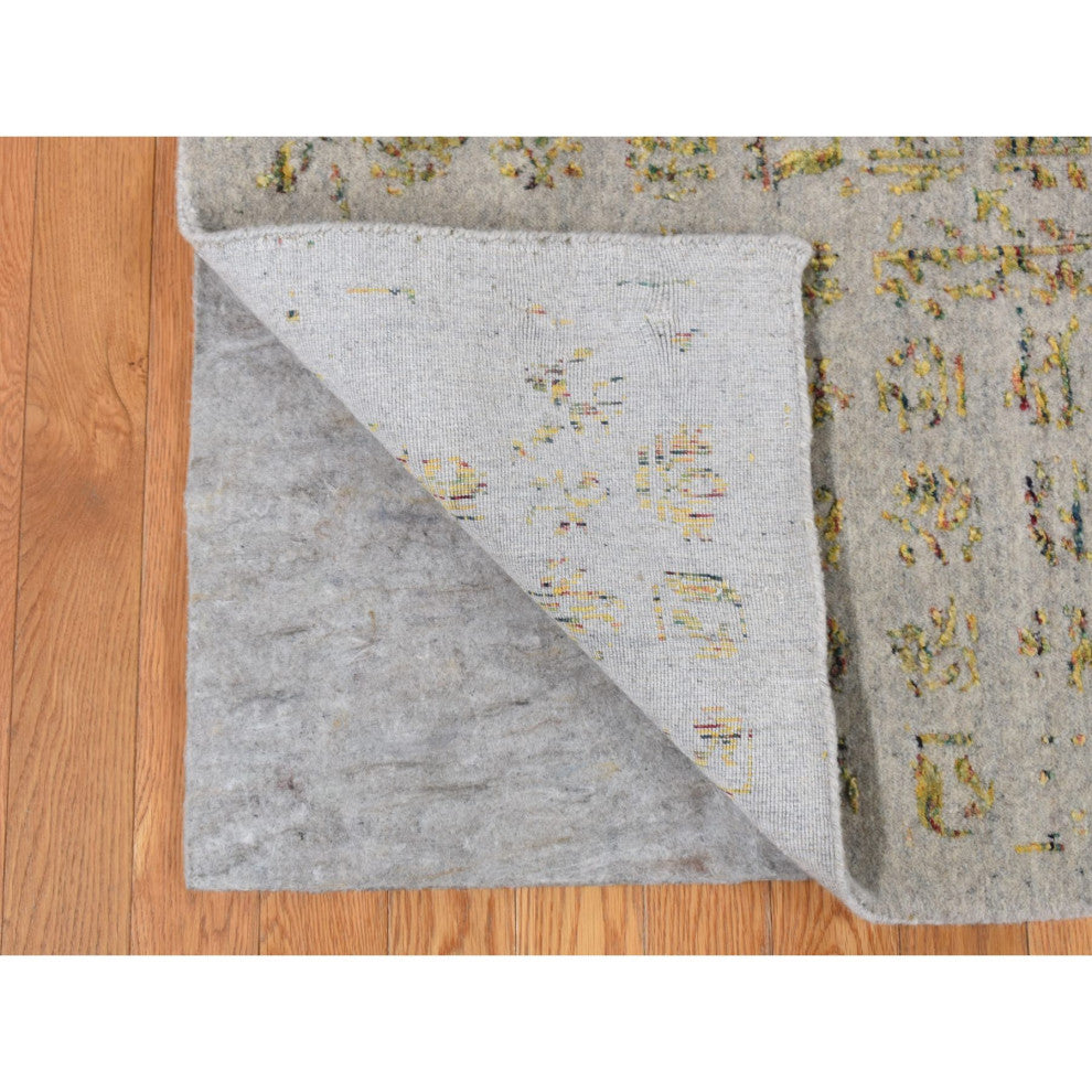 Silk Gray, Broken Mamluk Design, Hand Loomed, Wool and Silk Rug, 9'10"x14'