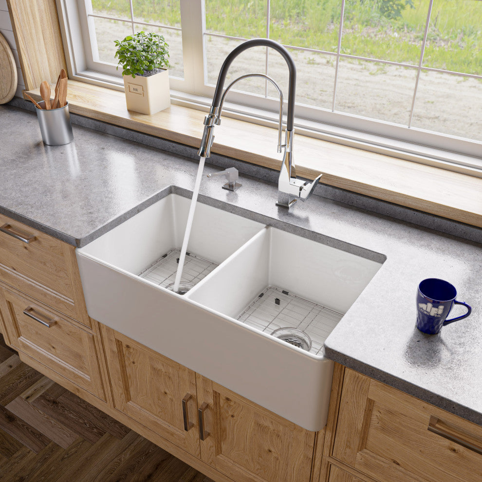 Smooth Apron Fireclay Farm Sink, White, 33"x18", Double Bowl