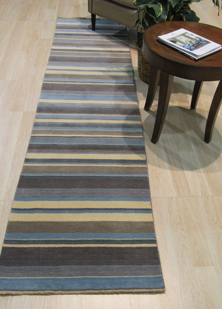 Blue/Brown Striped Handmade Wool Rug, 2'x10'