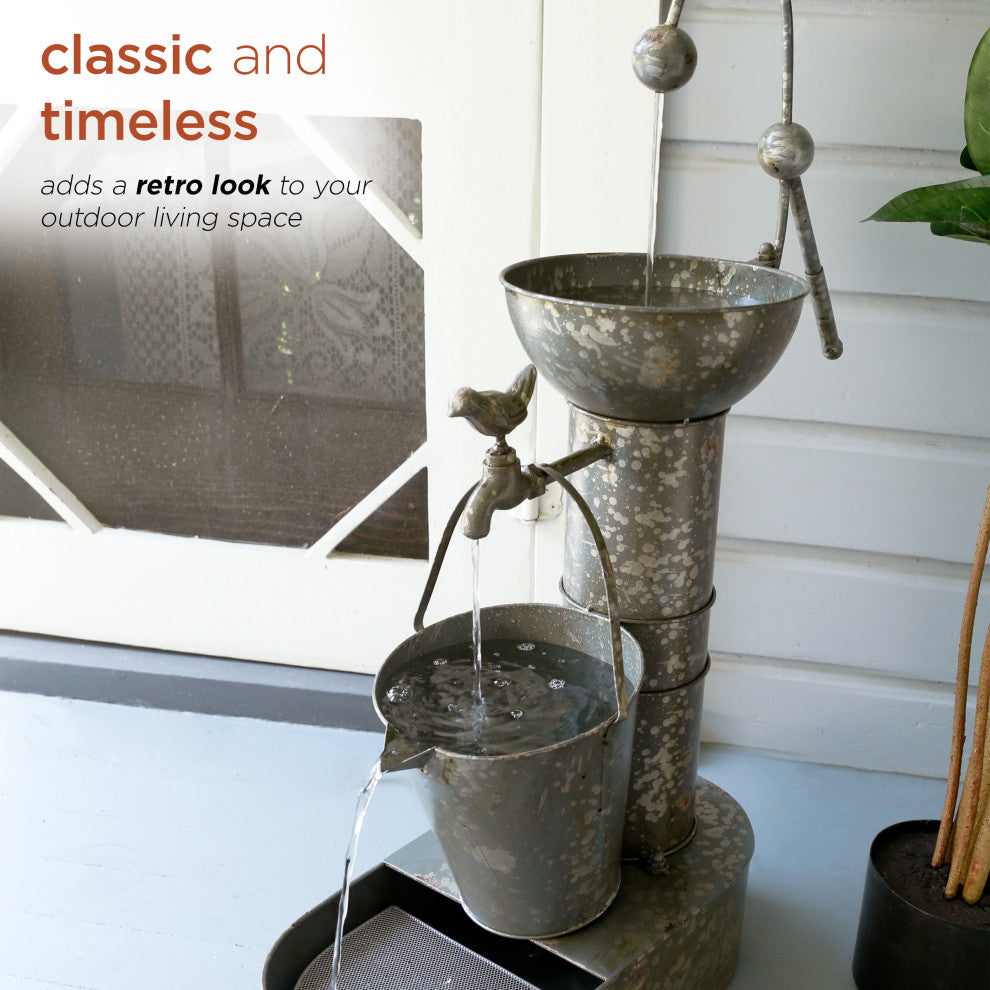 34" Tall Outdoor 3-Tier Rustic Metal Water Pump Fountain