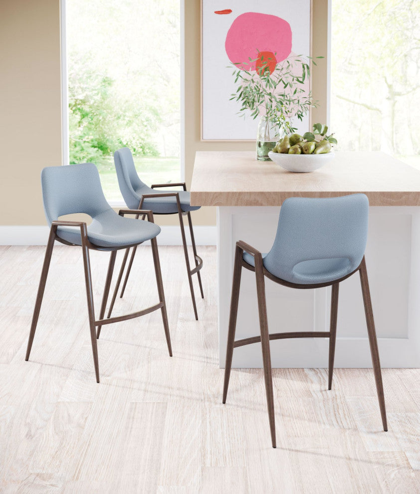 Counter Stool Chair, Set of 2, Faux Vinyl Leather, Steel, Gray, Walnut