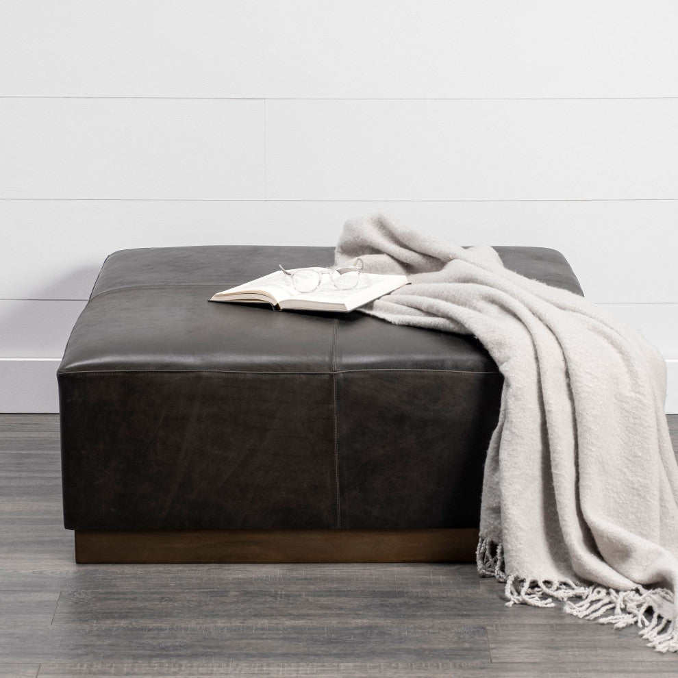 Minara II Black Leather Wrapped Withwood base ottoman