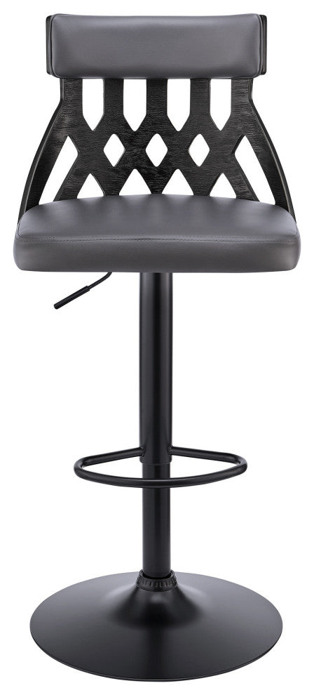 Adjustable Gray Faux Leather and Black Lattice Bar Stool