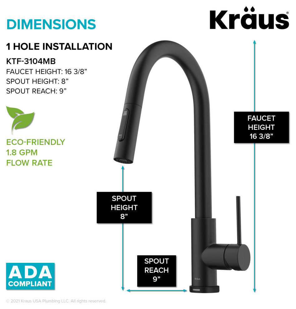 Oletto Pull-Down 1-Hole Kitchen Faucet, Matte Black, Model Ktf-3104mb
