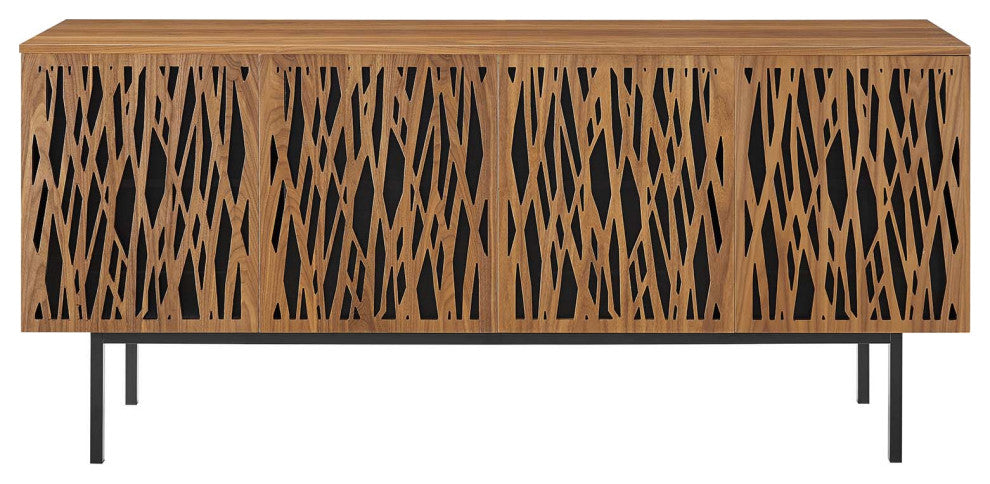 Media TV Stand Console Table, Rectangular, Wood, Metal, Brown Walnut, Modern