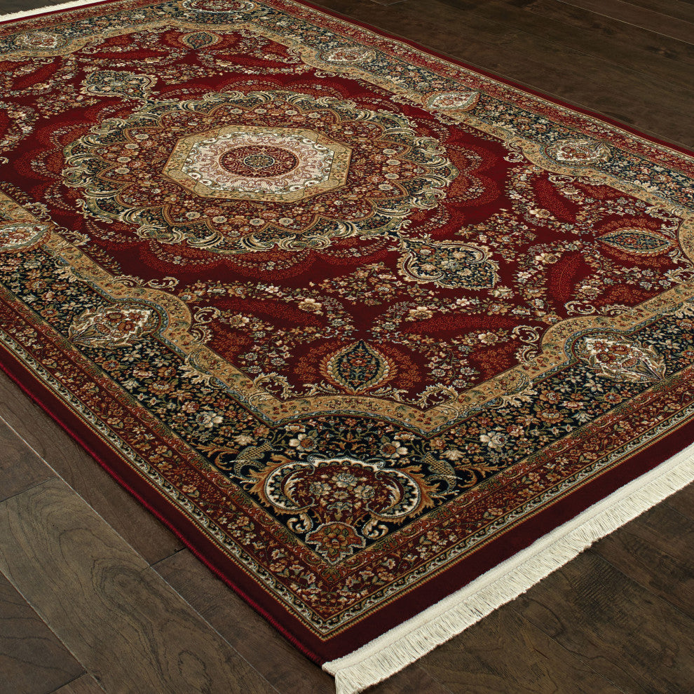 Mackenzie Traditional Medallion Red/ Multi Fringed Area Rug, 5'3"X7'6"