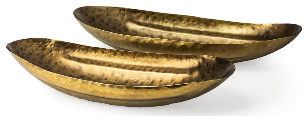 Set of Two Gold Boat Shaped Hammered Bowls