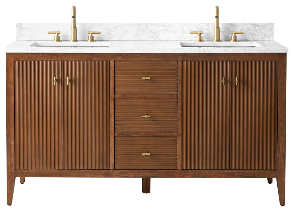 Vanity Art Freestanding Vanity, Walnut, 60", Double Sink, Golden Brushed