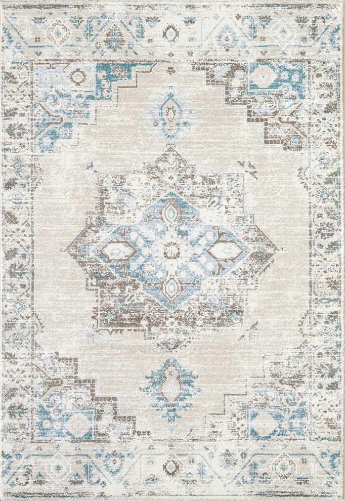 Abani Urbana URB120A Traditional Distressed Ivory and Light Blue Area Rug