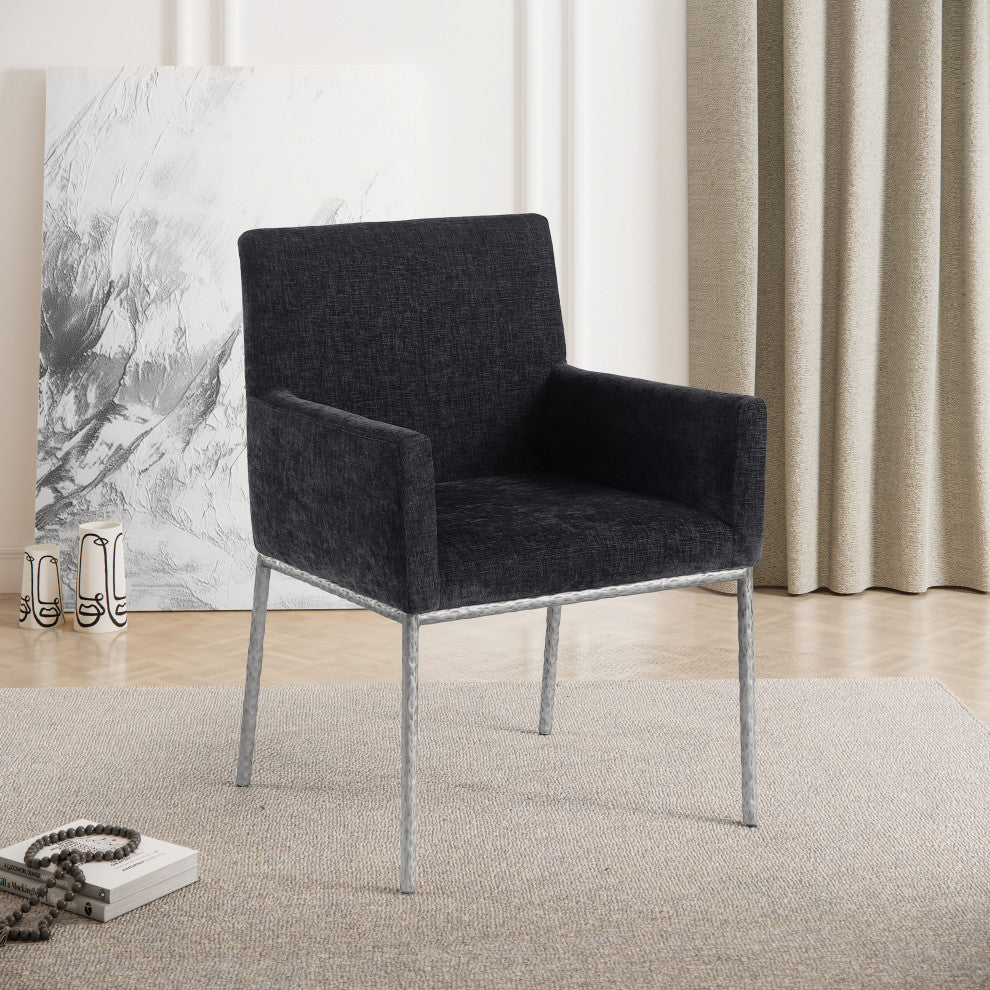 Reeves Upholstered Dining Chair, Black, Chenille , AC, Brushed Silver, Set of 2