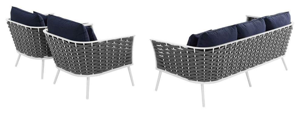 Stance 3 Piece Outdoor Patio Aluminum Sectional Sofa Set, White Navy