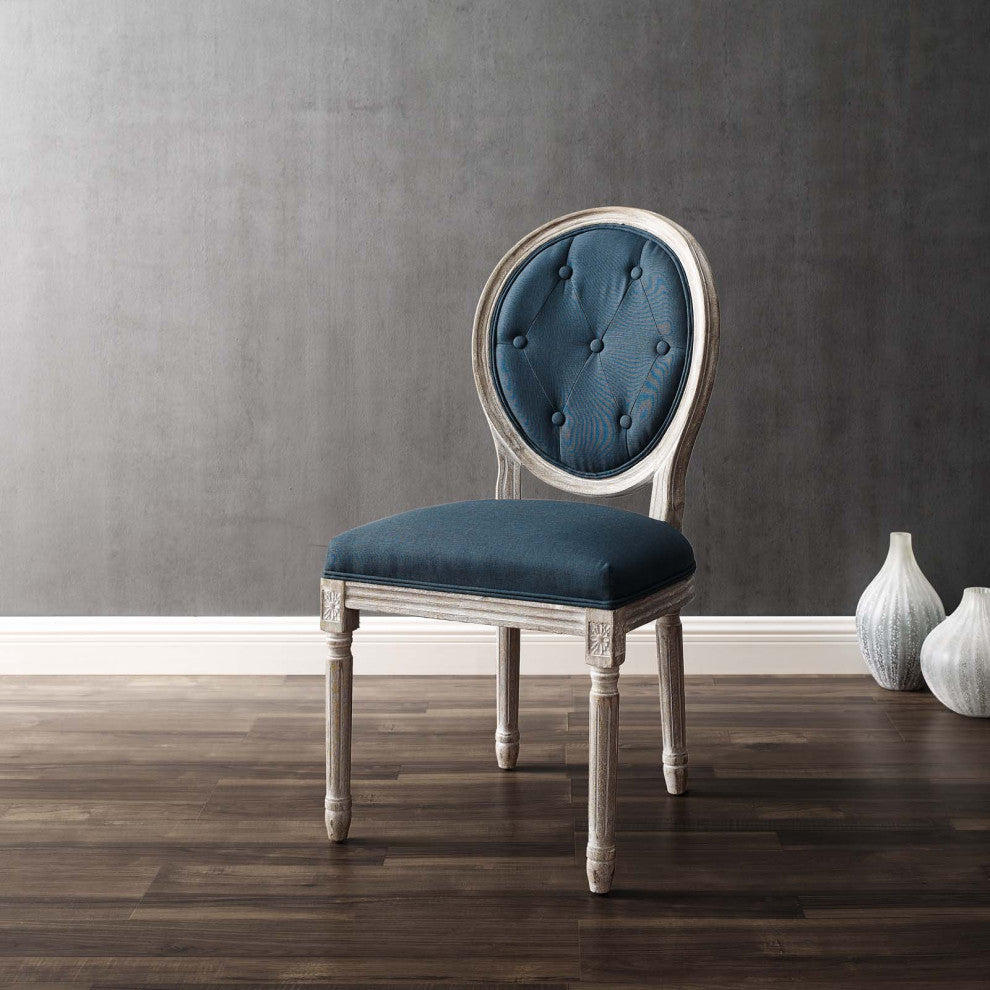 French Vintage Side Dining Chair, Fabric, Wood, Brown Natural Blue, Modern