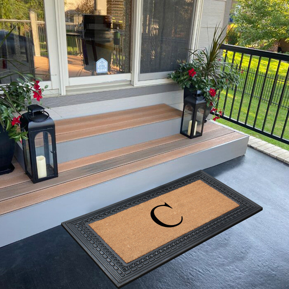 Rubber And Coir, Black/Beige  24"x39" Heavy Duty Outdoor Monogrammed Doormat, C