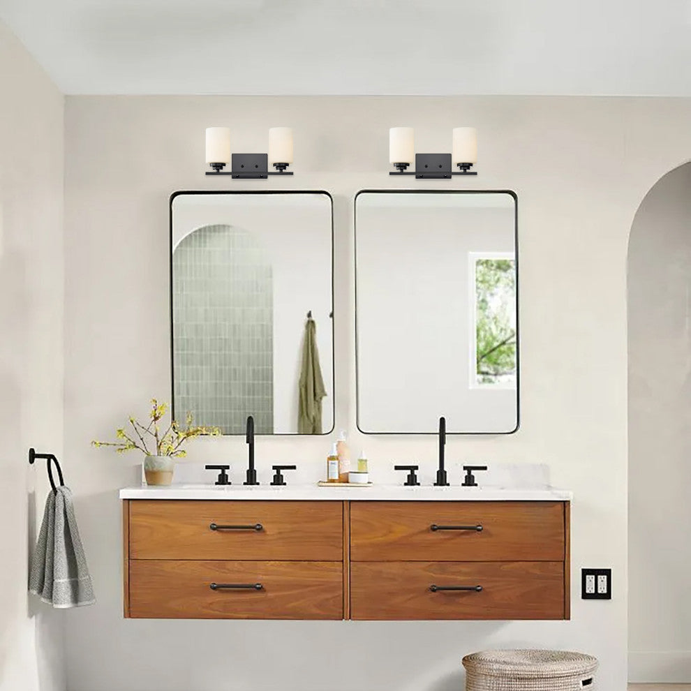 2-Light Matte Black Vanity With Etched White Glass Shades