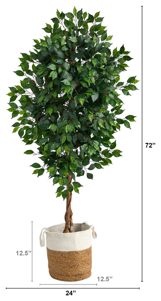 6' Ficus Faux Tree With Natural Trunk, Handmade Natural Jute and Cotton Planter