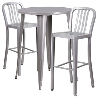 3-Piece Patio Bistro Set with Bar Height Table and Stools with Slatted Backs, Silver