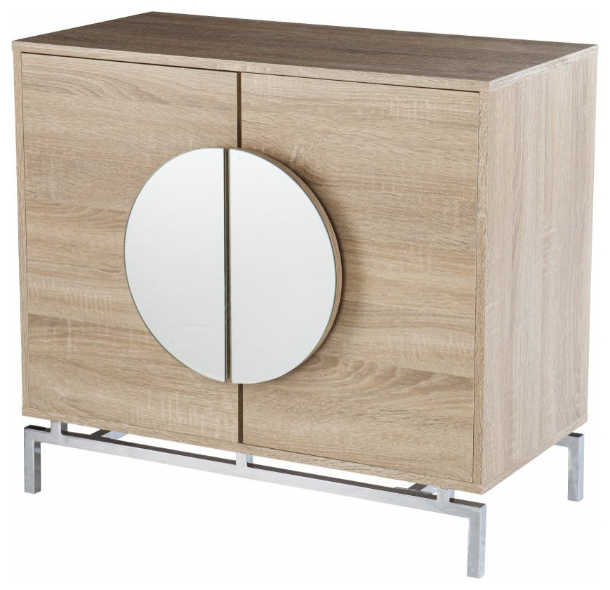 32" Natural and Chrome Mirrored Circle Double Door Bar Cabinet