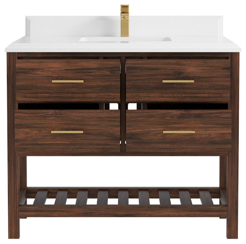 Parker Teak 42" Single Sink Bath Vanity in Dark Walnut 1.5" White Quartz